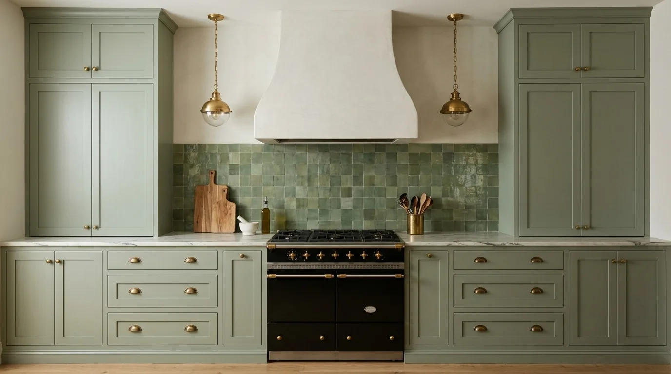 The Waban Kitchen: sage inset cabinets, a plaster hood, green zellige, marble counters and brass pendants