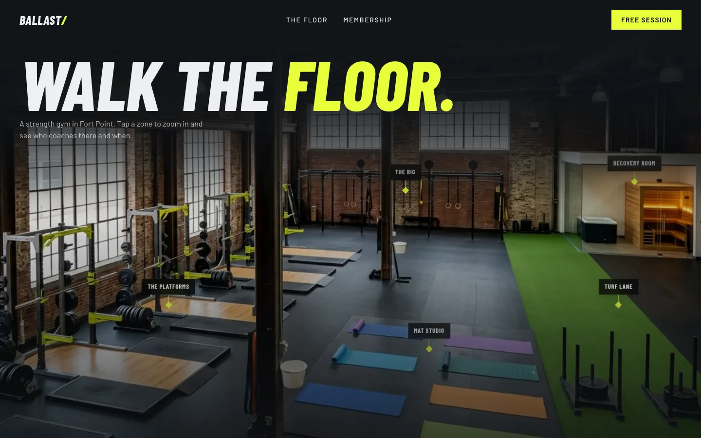 Ballast Strength Club concept site, top of the homepage