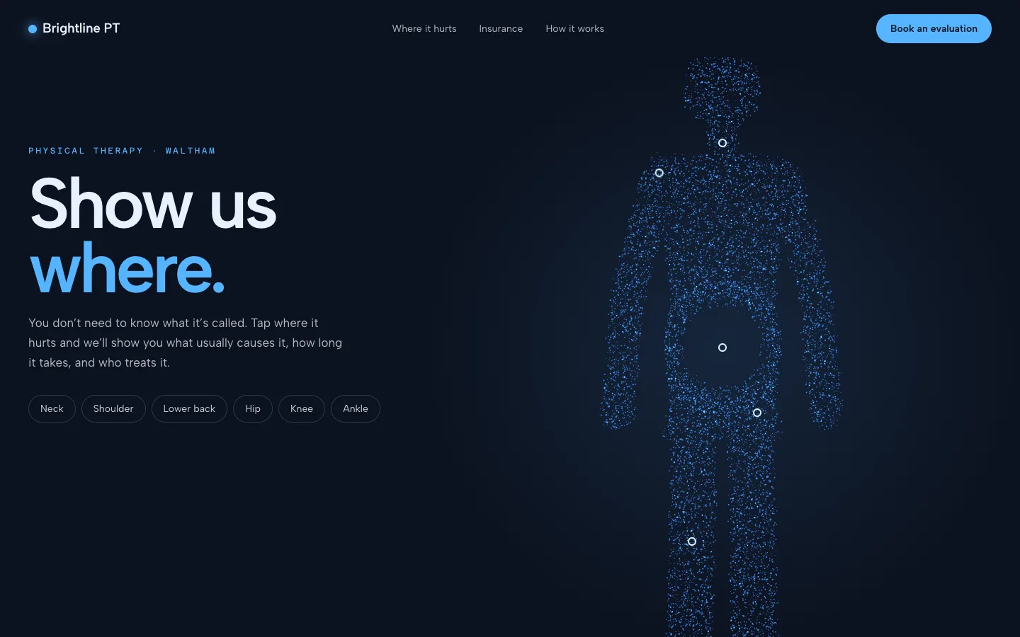 Brightline Physical Therapy concept site, top of the homepage