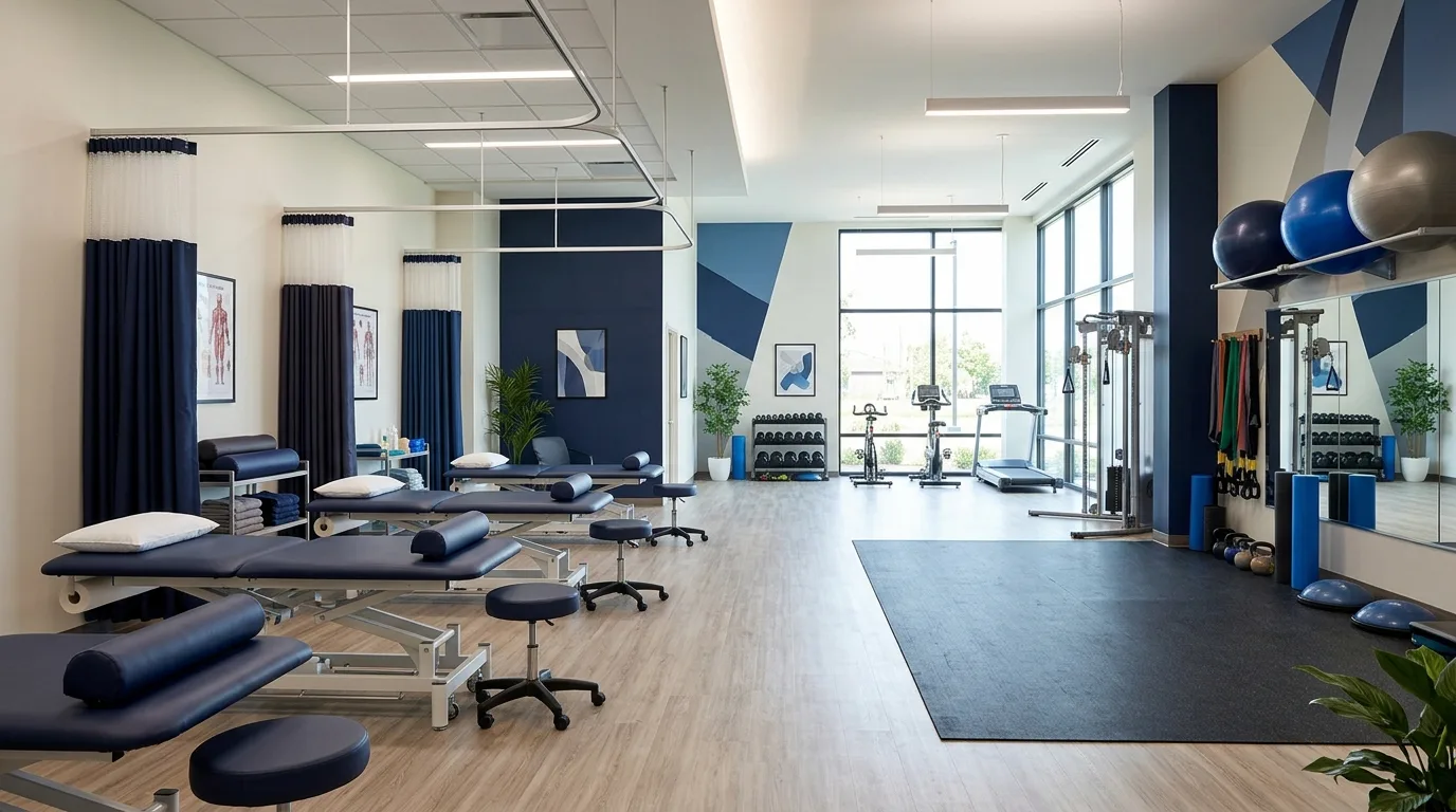 The Brightline clinic: treatment tables, exercise gear and big windows