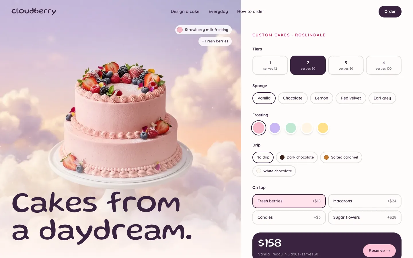 Cloudberry Cake Studio concept site, top of the homepage