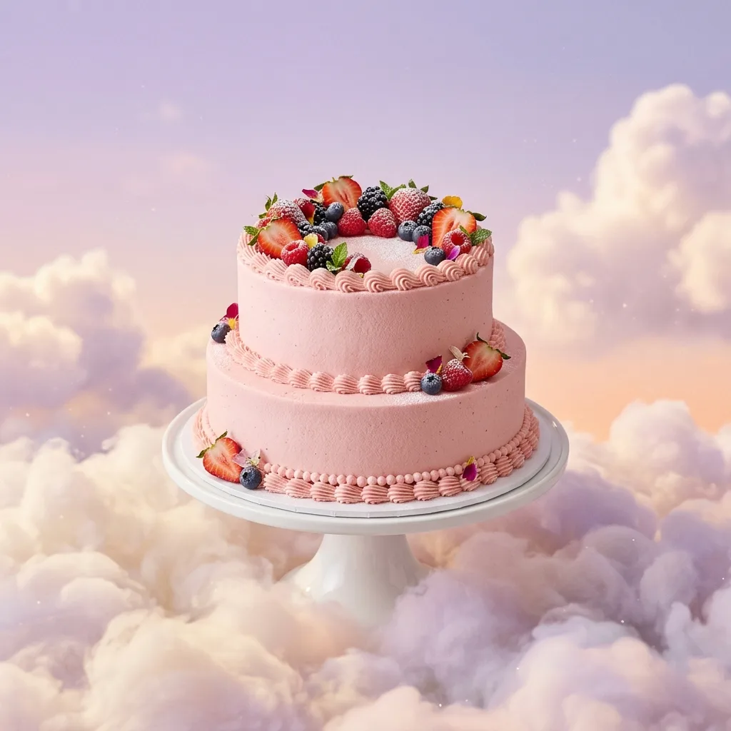 A 2-tier cake floating on pastel clouds