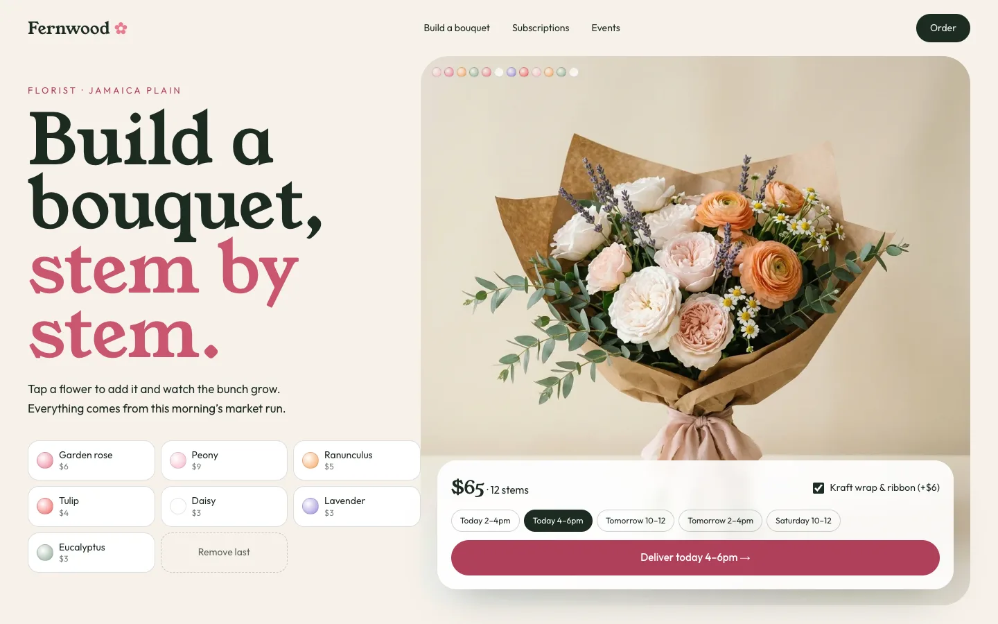 Fernwood Flower Room concept site, top of the homepage