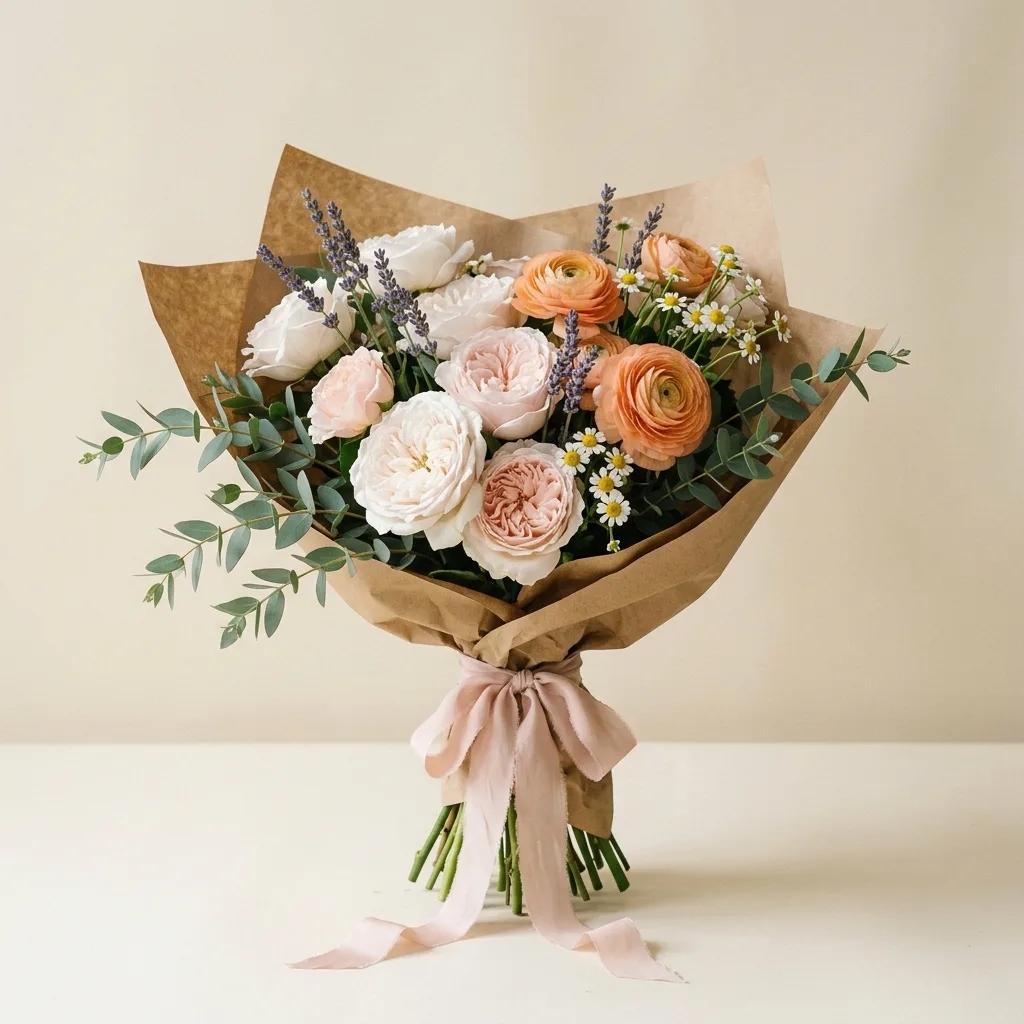 A medium hand-tied bouquet in kraft paper
