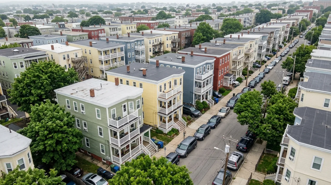 A South Boston street of triple-deckers from above, with the five houses we rebuilt flagged