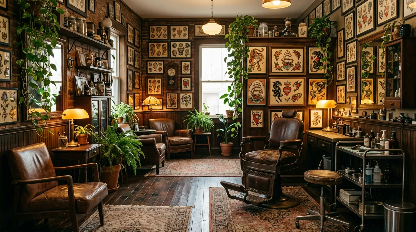 Inside Ink & Anchor: framed flash on every wall, leather chairs and lamp light