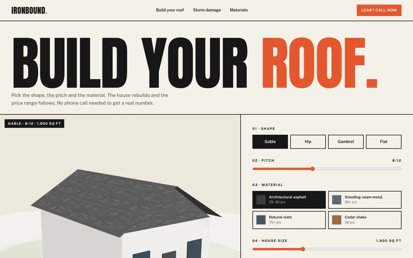 Ironbound Roofing concept site, top of the homepage