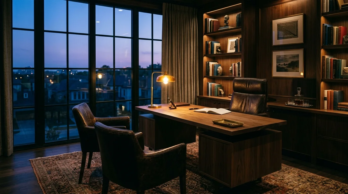 The private-client office at dusk: a walnut desk, a brass lamp and leather chairs