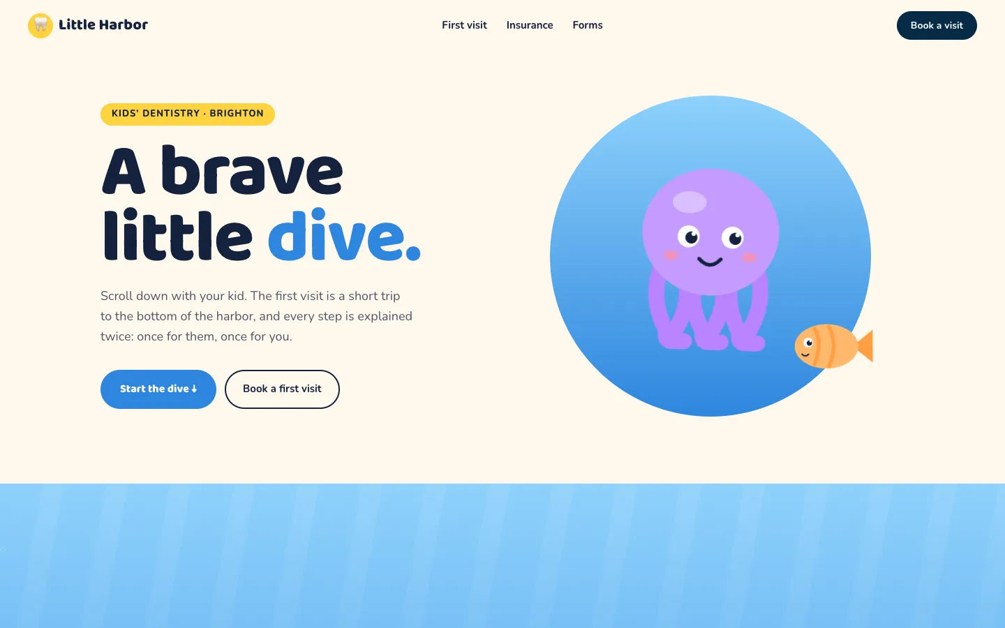 Little Harbor Kids Dental concept site, top of the homepage
