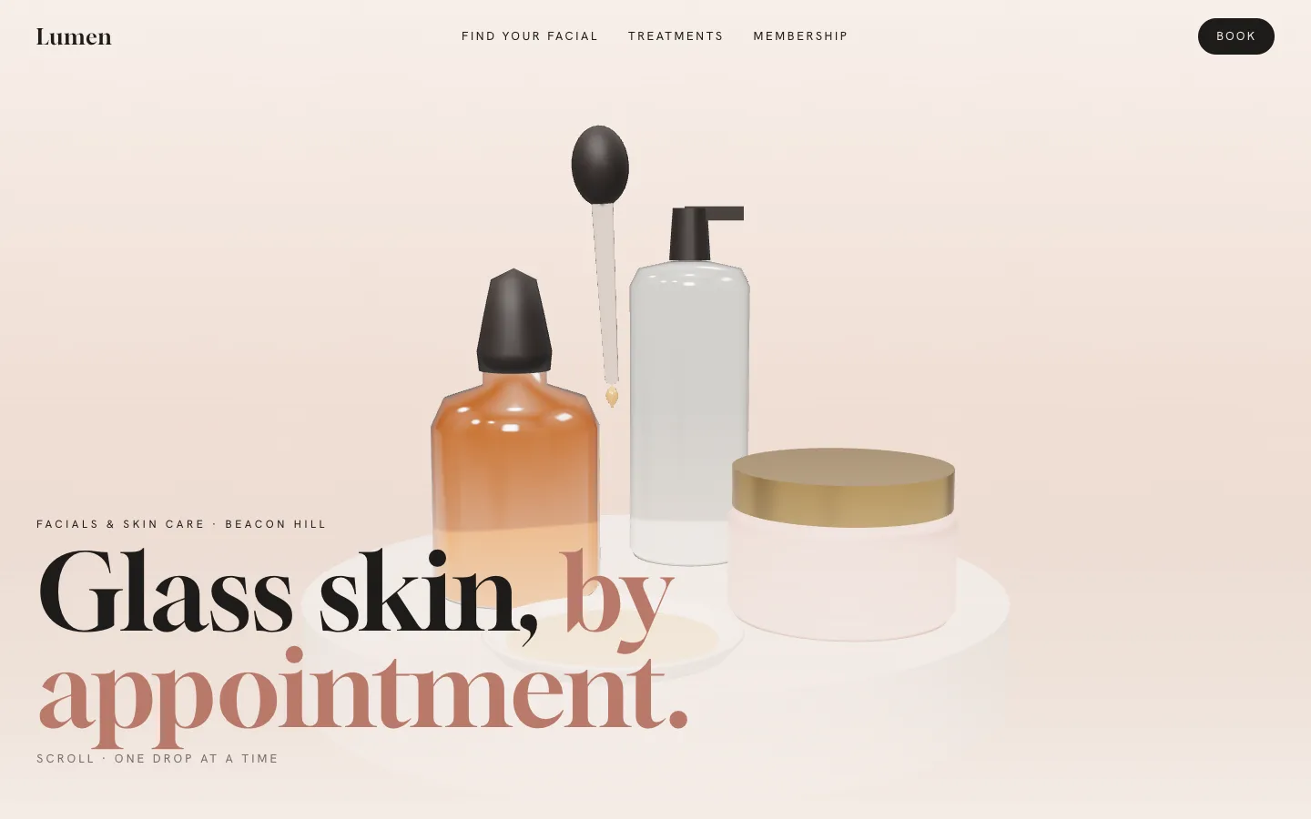 Lumen Skin Studio concept site, top of the homepage