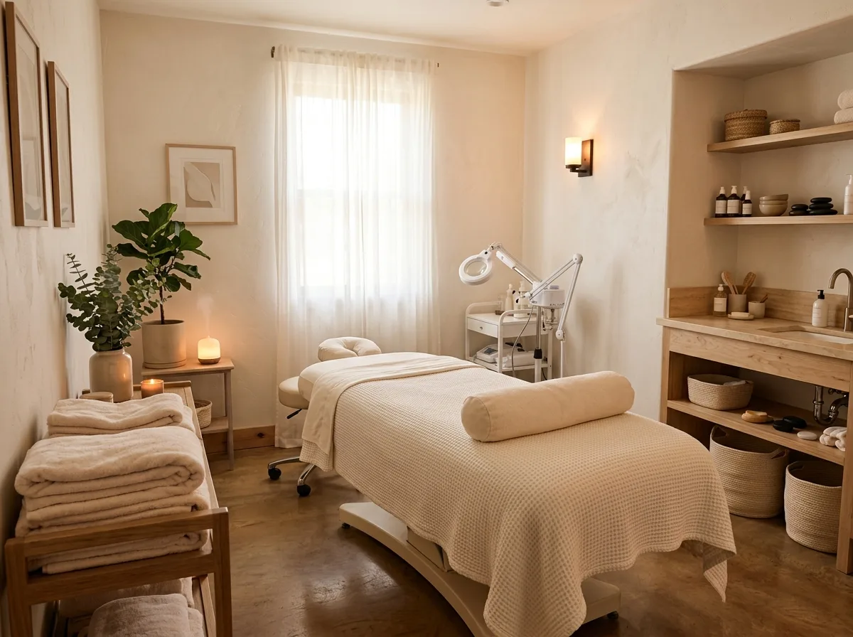 A Lumen treatment room: a cream bed, soft towels and warm light