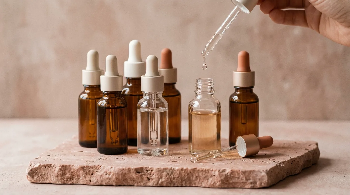 Amber and clear serum bottles on blush stone, a drop falling from a dropper