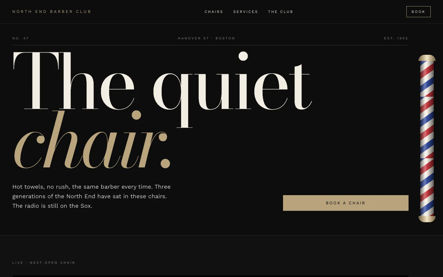 North End Barber Club concept site, top of the homepage