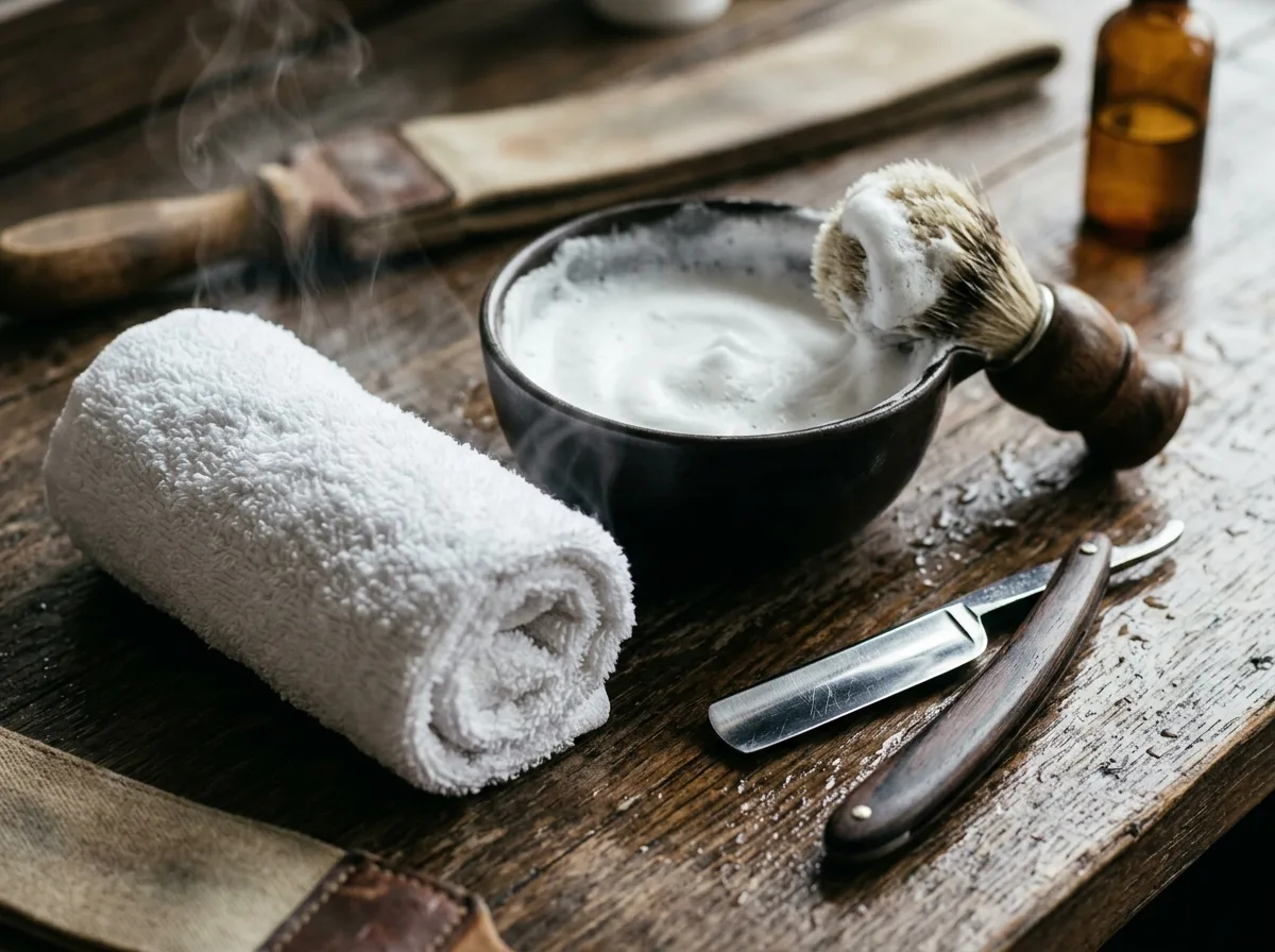 A hot towel shave set out: straight razor, lather bowl and a steaming towel