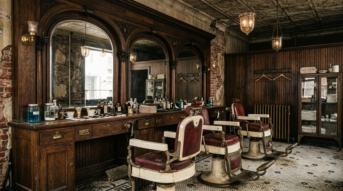 The shop on Hanover St: three antique barber chairs, mirrors, dark wood and brass