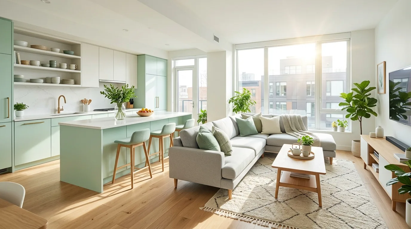 A sunlit kitchen and living room, spotless, with mint accents