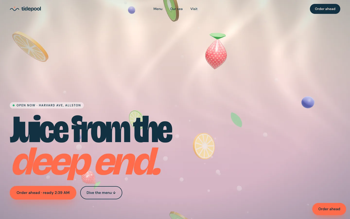 Tidepool Juice Co. concept site, top of the homepage