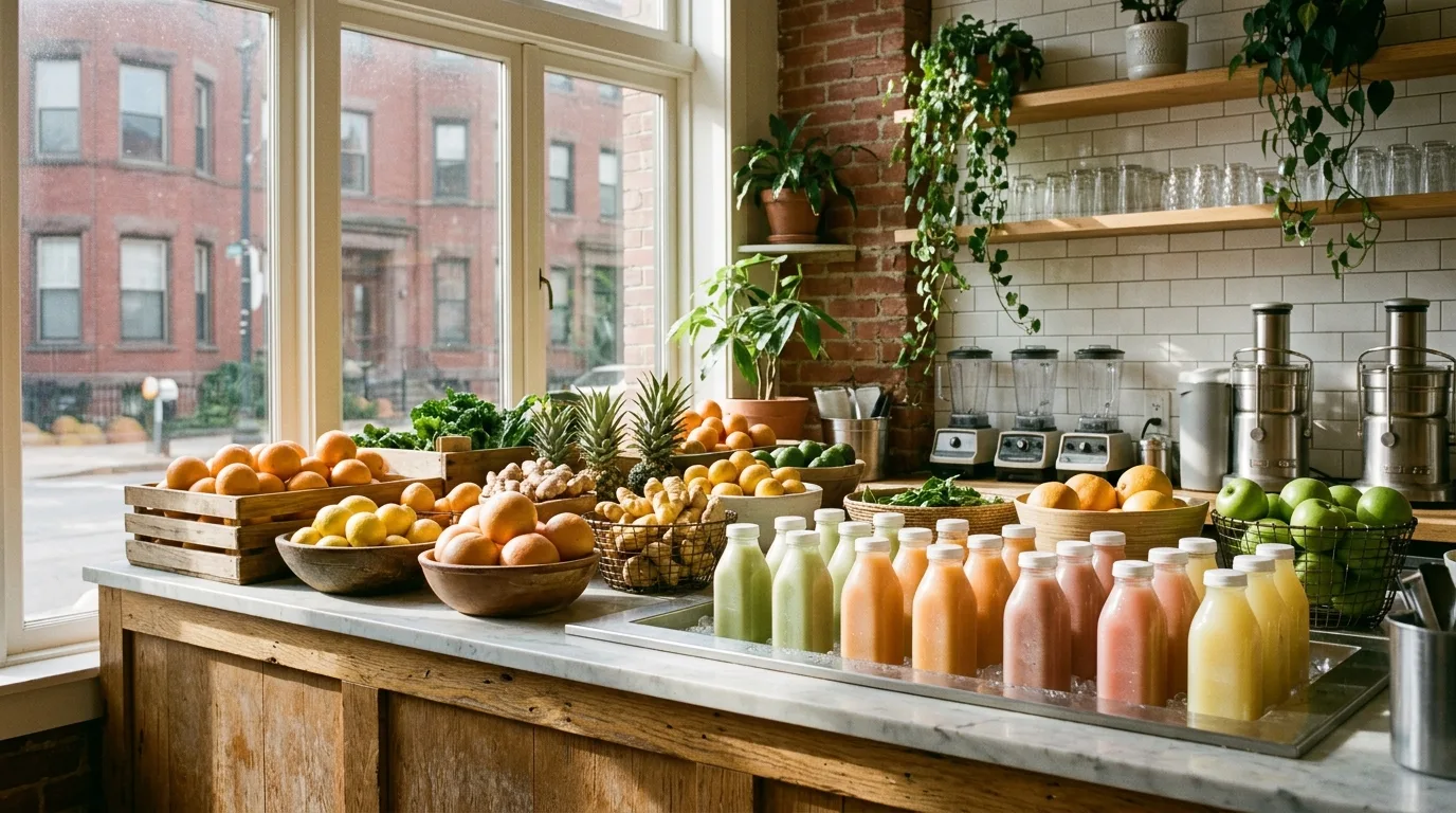 The Tidepool bar on Harvard Ave: bottled juices and fruit piled by the window