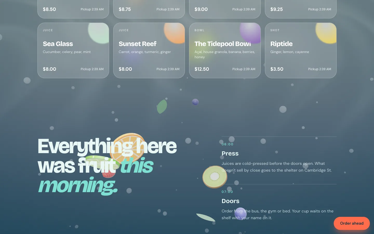 Dive the menu, from the Tidepool Juice Co. concept