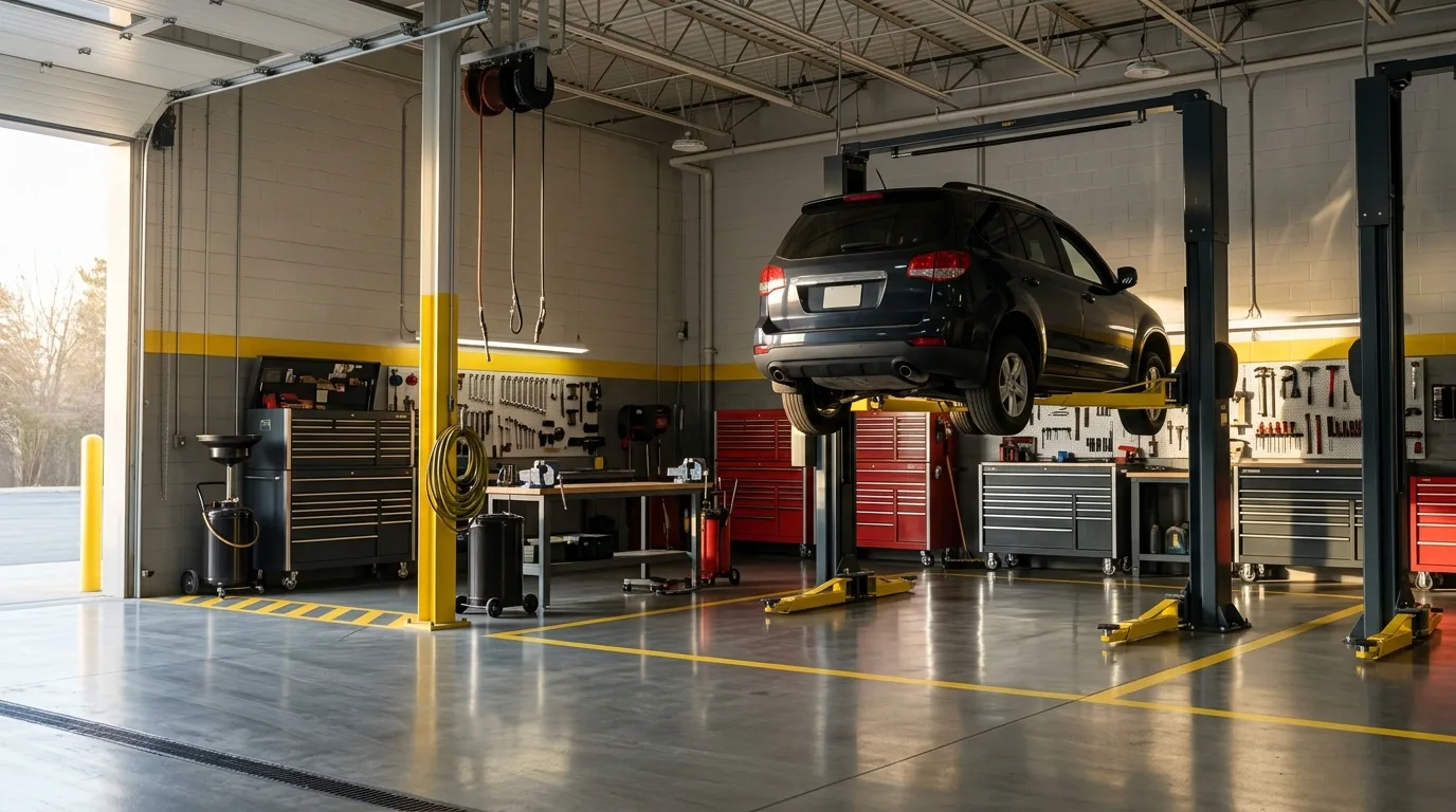 Inside the Torque & Co. garage: a car up on the lift and tidy tool chests