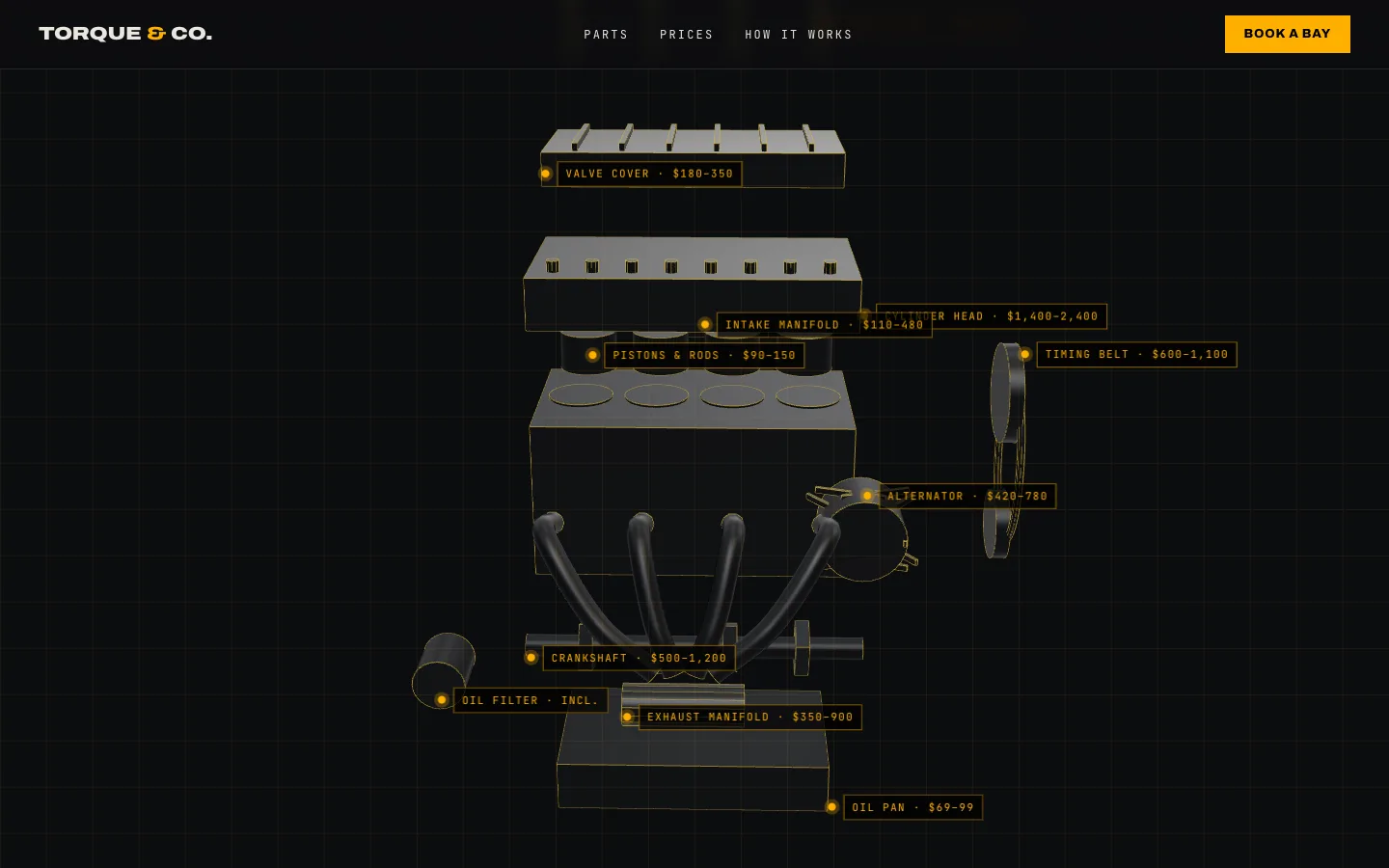 The exploded engine, from the Torque & Co. Auto concept